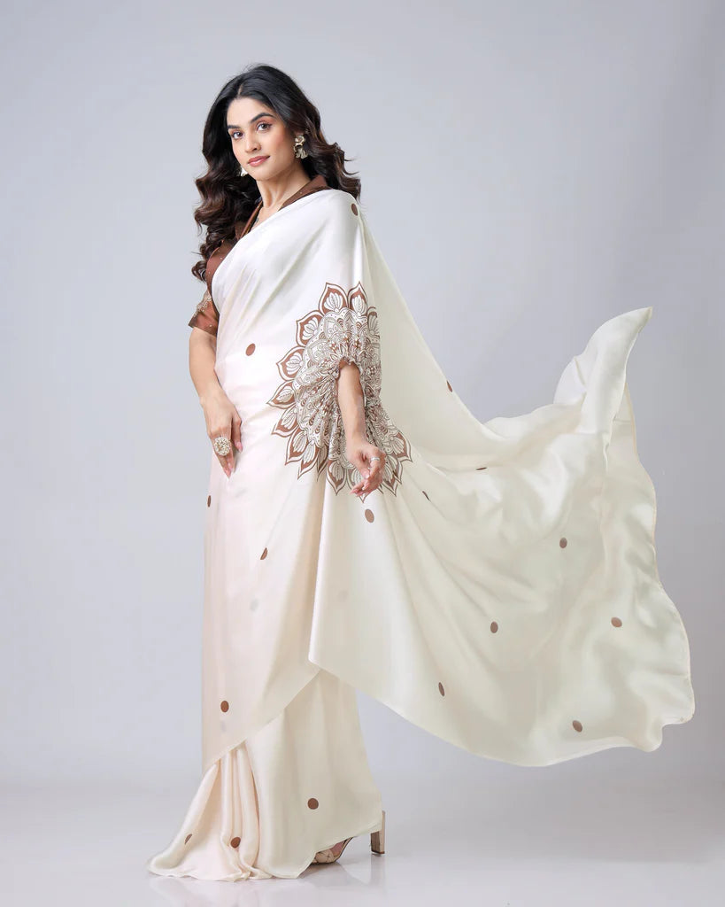 Satin Silk Printed Kaftan Saree With Unstitched Blouse